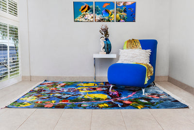 blue yellow silk modern design rug - carpet hand woven kashmir by dena lawrence australia
