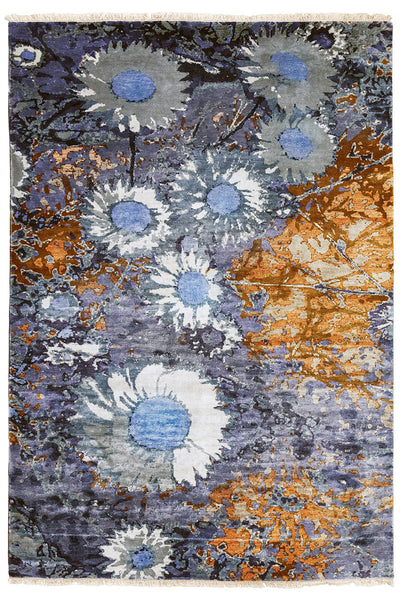Grey Blue tan  floral silk Handwoven  rug designer dena lawrence australia